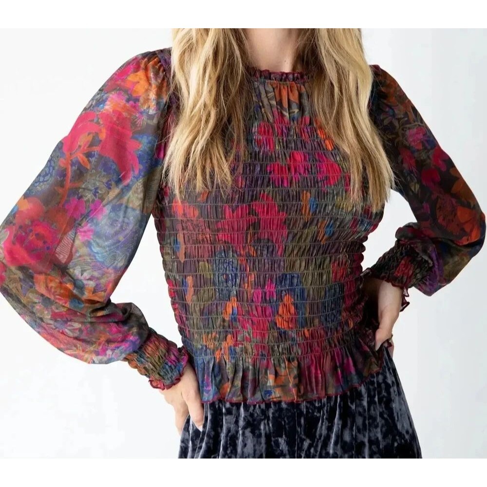 Natural Life Top Women XL Floral Sheer Mesh Smocked Ruffle Blouse Boho Festival